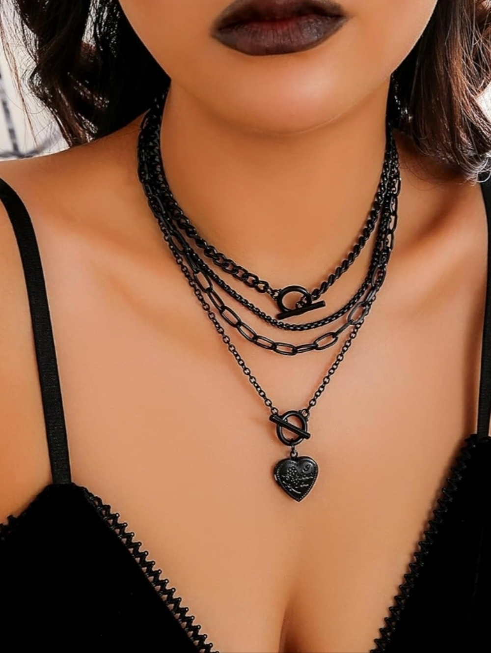 Black Layered Heart Pendant Necklace - Women Jewelry